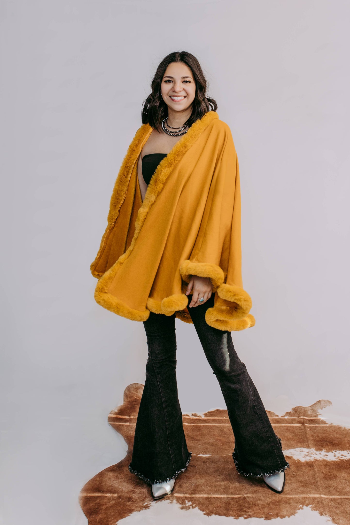 MK135 Lubbock Fur Trim Poncho - Mustard: MUSTARD / 1XL