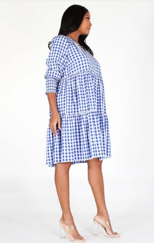 Blue Gingham Flirty Babydoll Dress