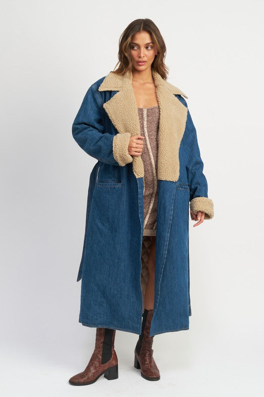 MAXI DENIM BELTED COAT