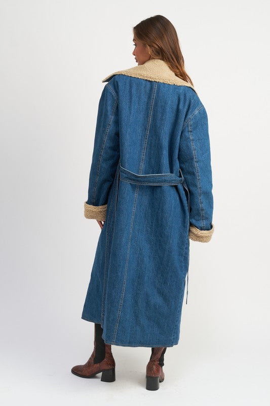 MAXI DENIM BELTED COAT