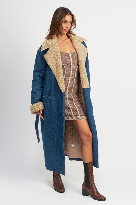 MAXI DENIM BELTED COAT
