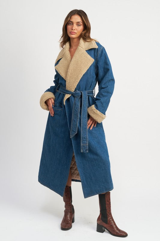 MAXI DENIM BELTED COAT