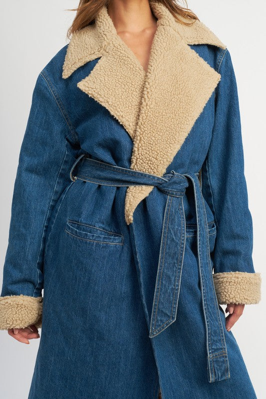 MAXI DENIM BELTED COAT