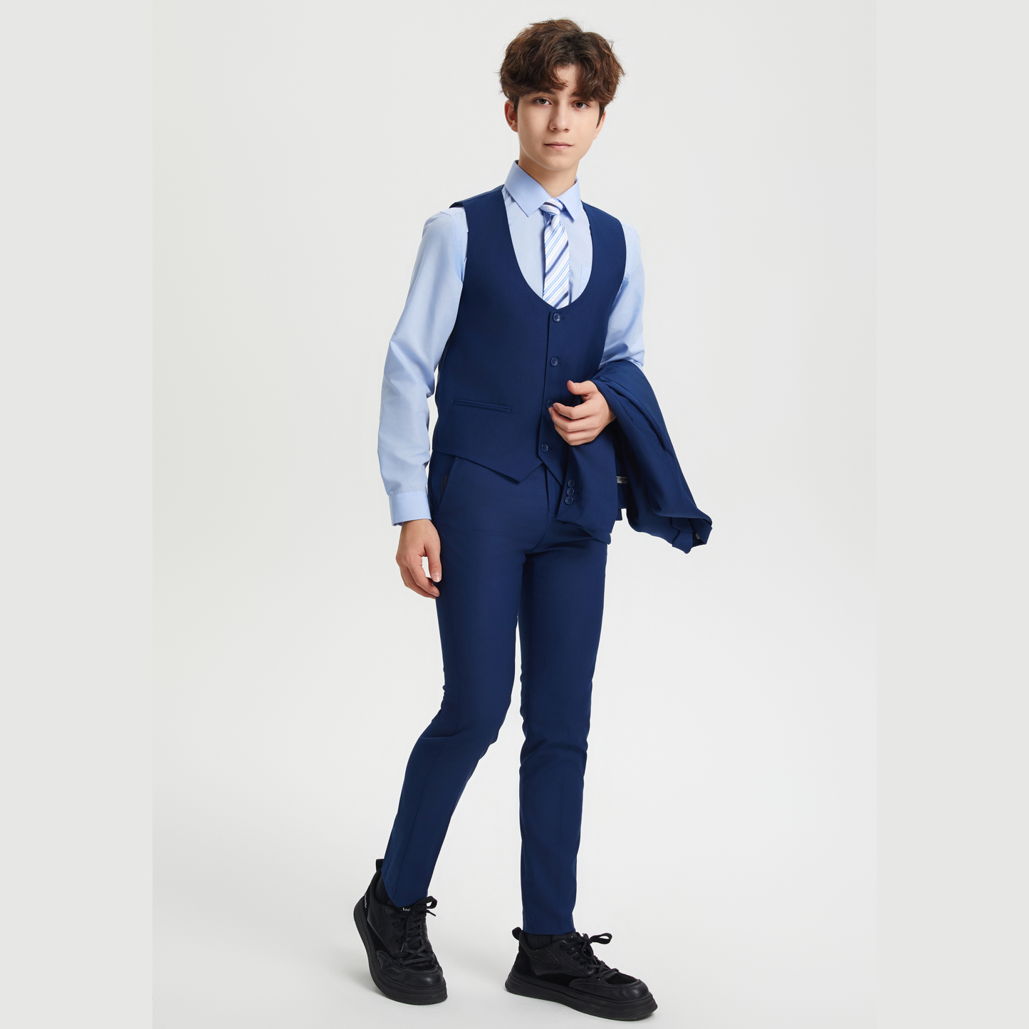 Stacy Adams Boys Suit 5-Piece w/ Dress Shirt & Tie, Indigo: 16