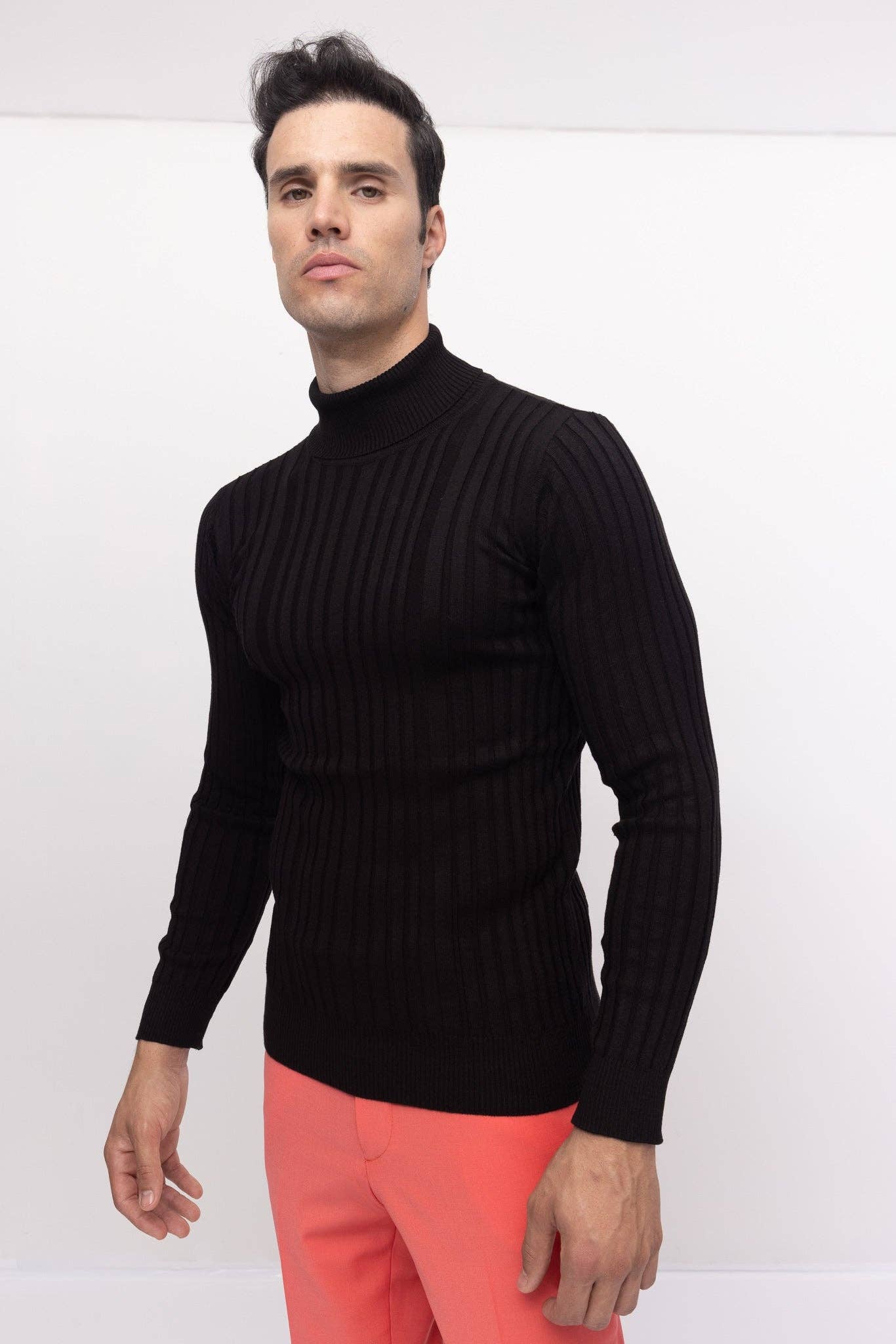 Roll Neck Ribbed Sweater - Black