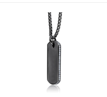 Matte Box Chain Dog Tag Necklace with Baguettes Finished in Black Rhodium