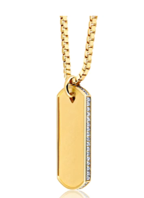 Matte Box Chain Dog Tag Necklace with Baguettes Finished in 18kt Yellow Gold