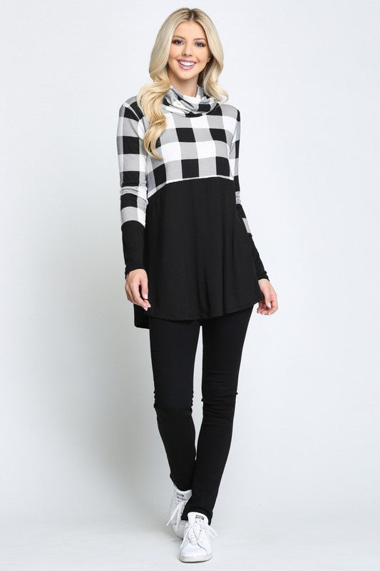 Plaid Solid Contrast Long Sleeve Turtle Neck Top