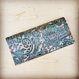 Embossed Leather Wallet Turquoise Brown Paisley