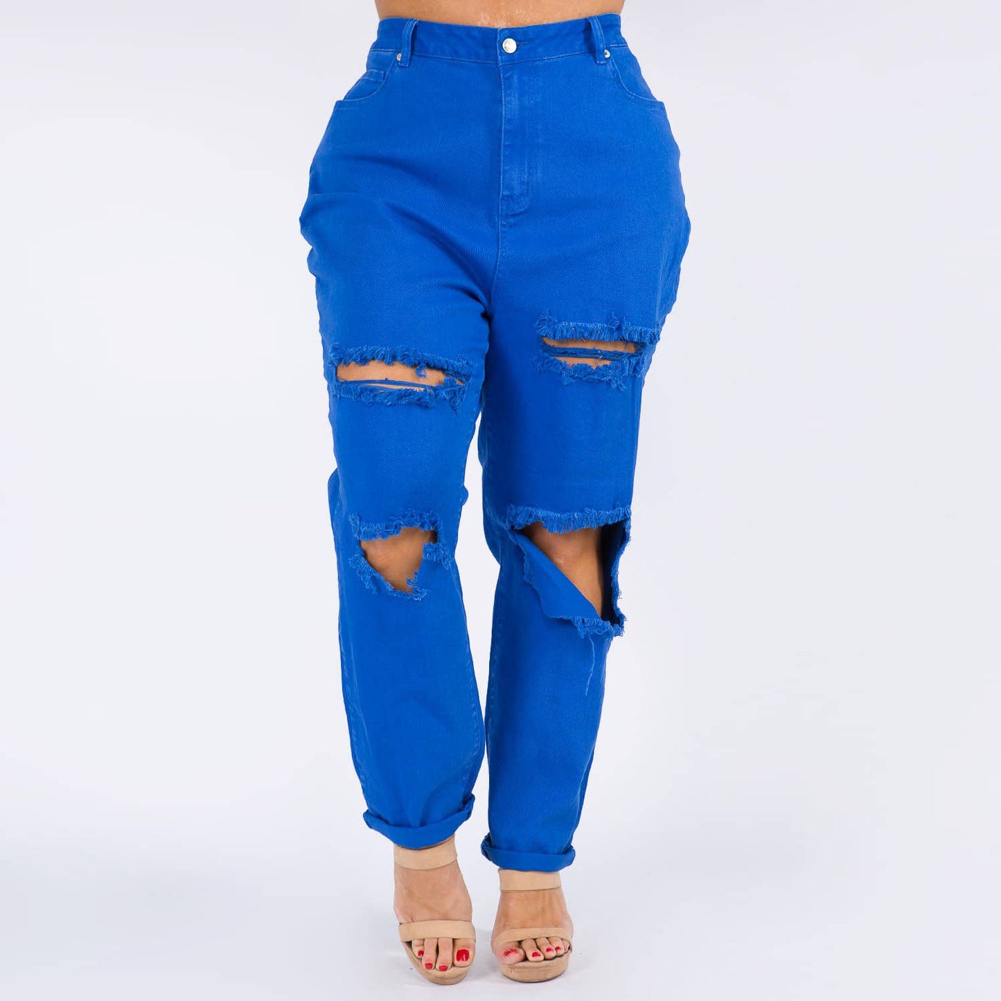 PLUS SIZE CUT OUT ROLL UP COLOR MOM JEANS-RJH3961P