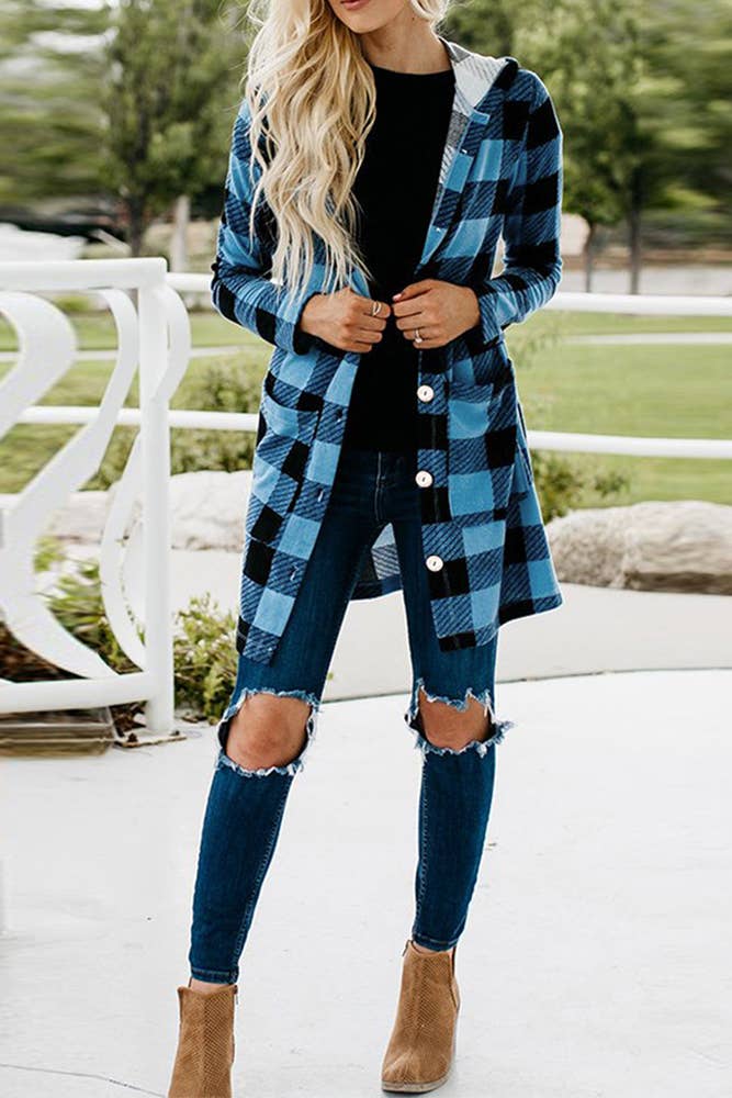 Plaid Button Closure Hooded Coat