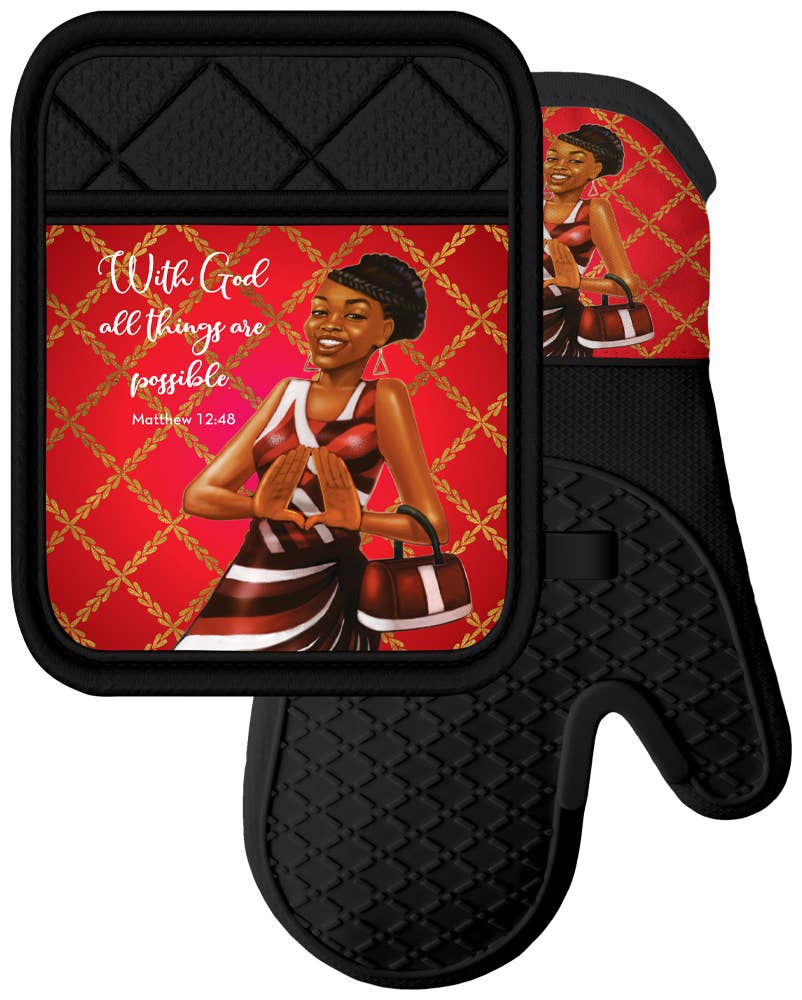 Red and Black Oven Mitt and Pot Holder Set